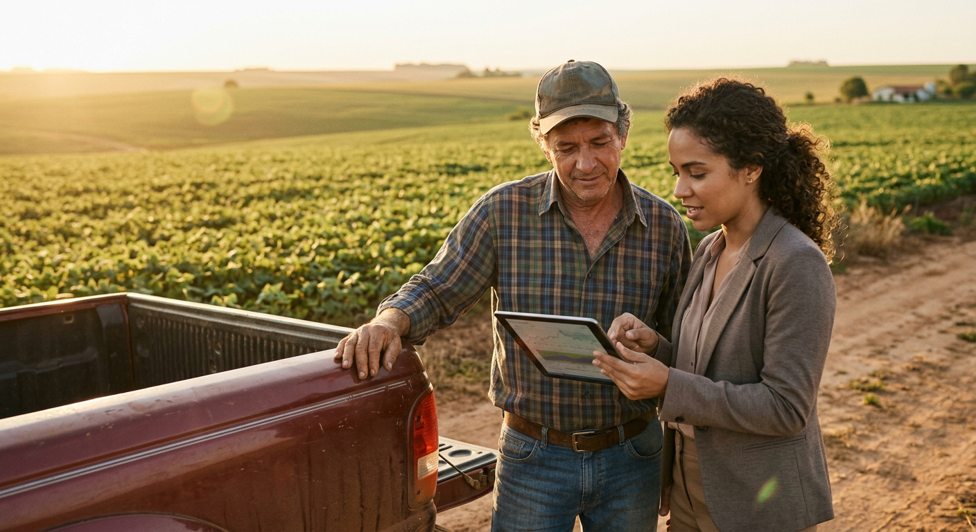 Consultor e produtor analisando indicadores financeiros em um tablet na lavoura